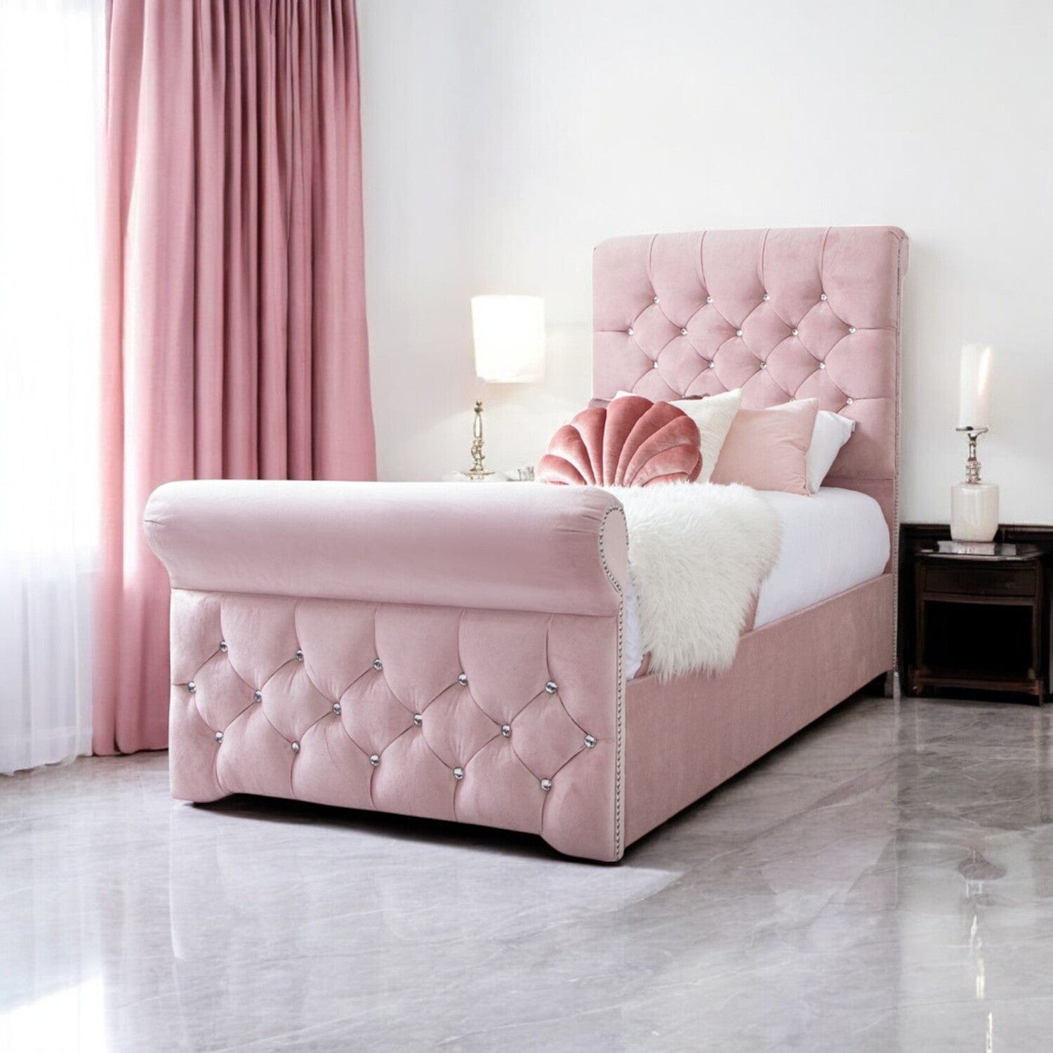 Slatted Base Grace Diamante Studded Velvet Upholstered Chesterfield Sleigh Single Bed Frame