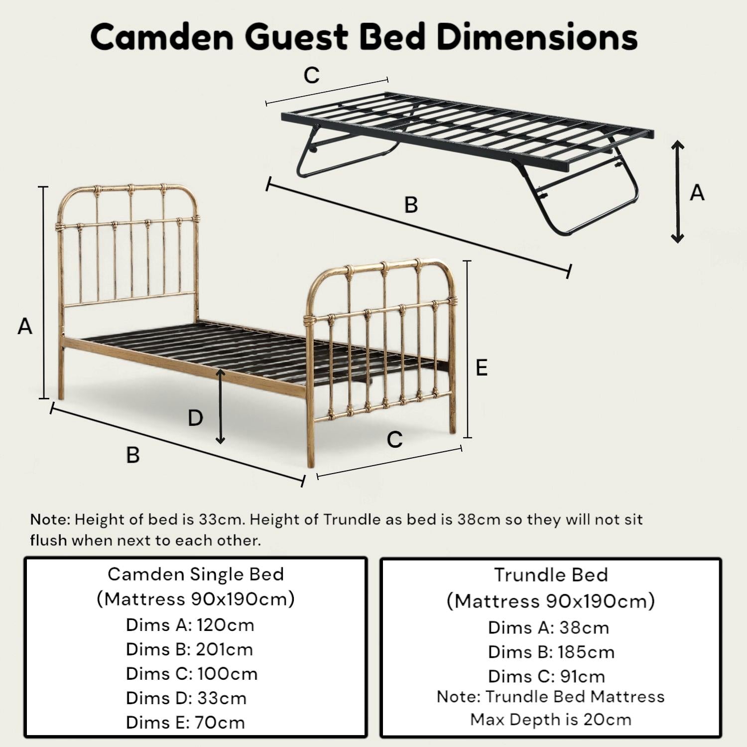 Camden Victorian Hospital Single Metal Bed with Guest Trundle - 
