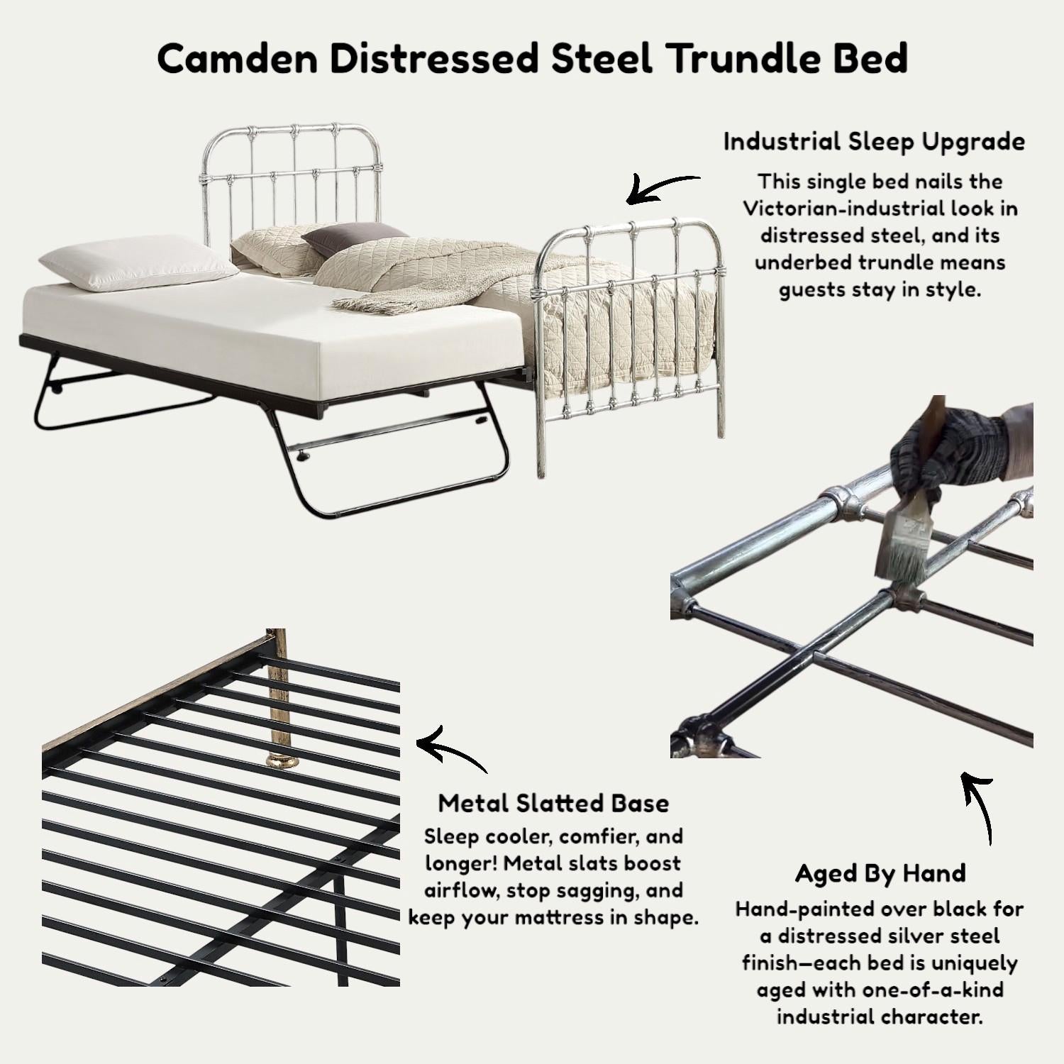 Camden Victorian Hospital Single Metal Bed with Guest Trundle - 