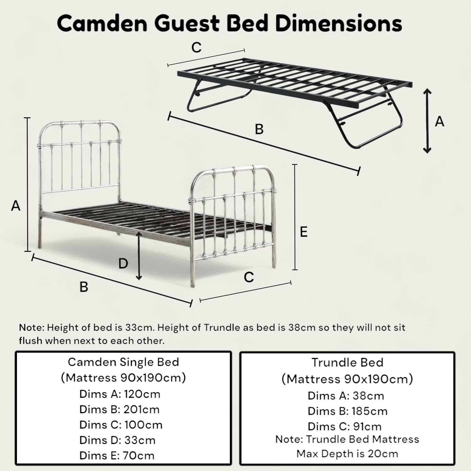 Camden Victorian Hospital Single Metal Bed with Guest Trundle - 