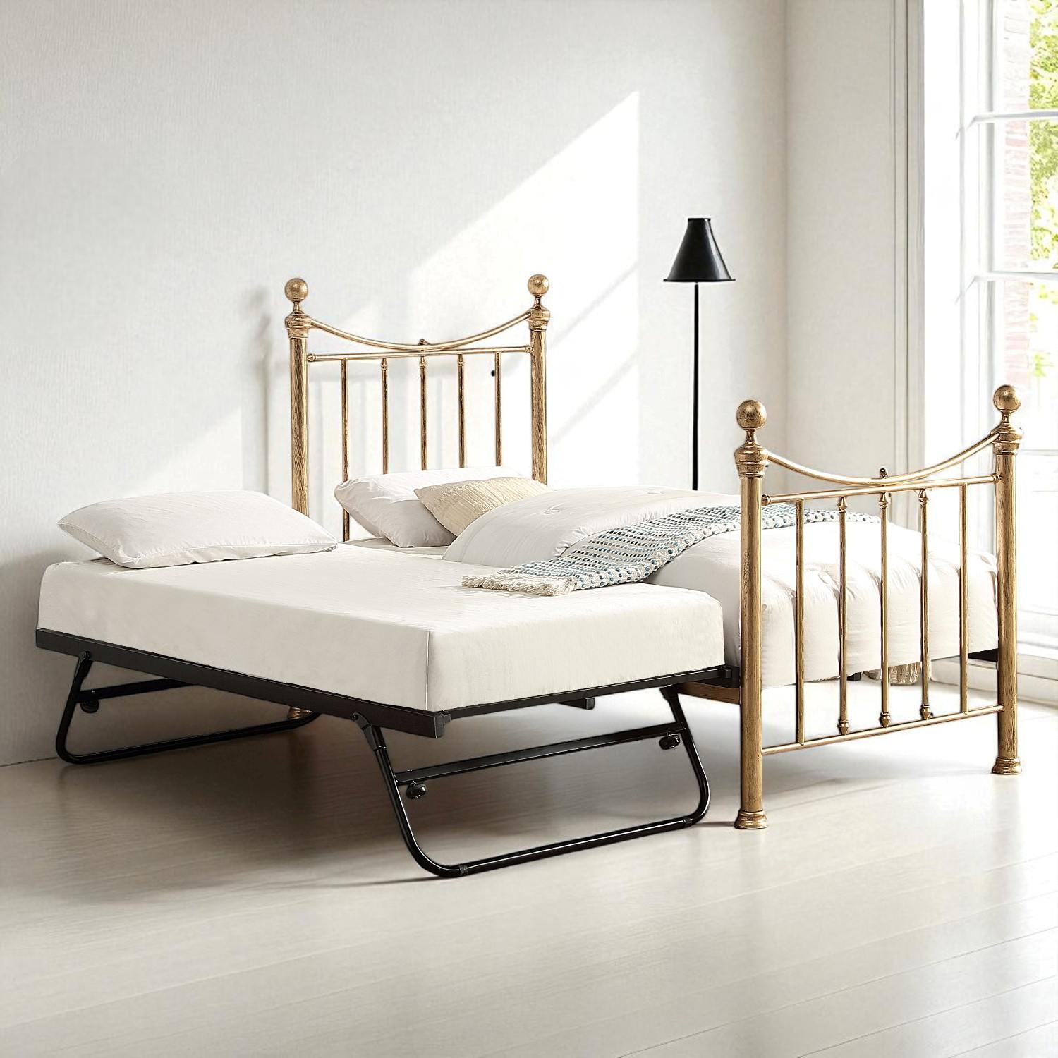Hampstead Traditional Antique Brass Effect Single Metal Bed with Guest Trundle - 
