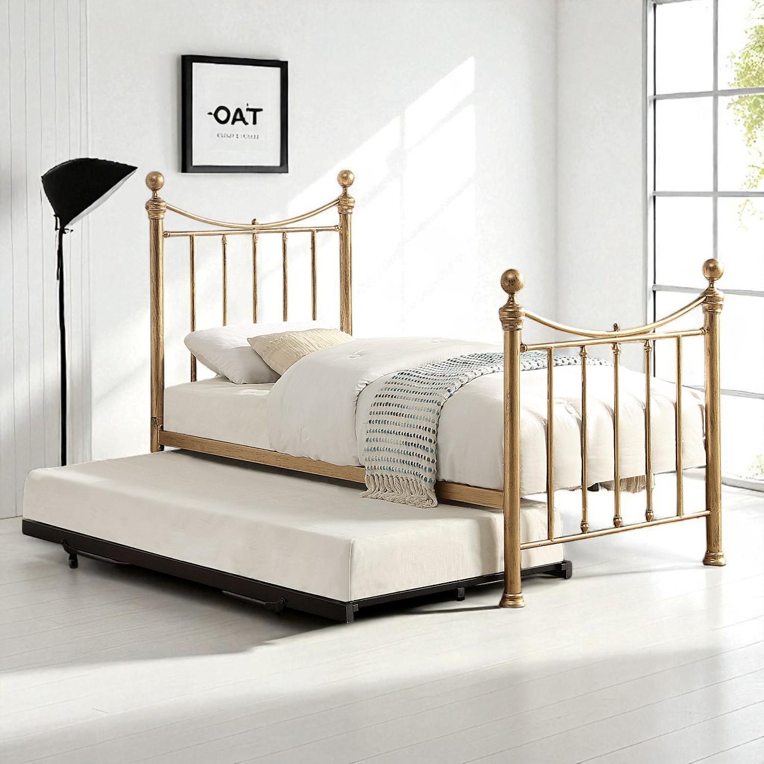 Hampstead Traditional Antique Brass Effect Single Metal Bed with Guest Trundle - 