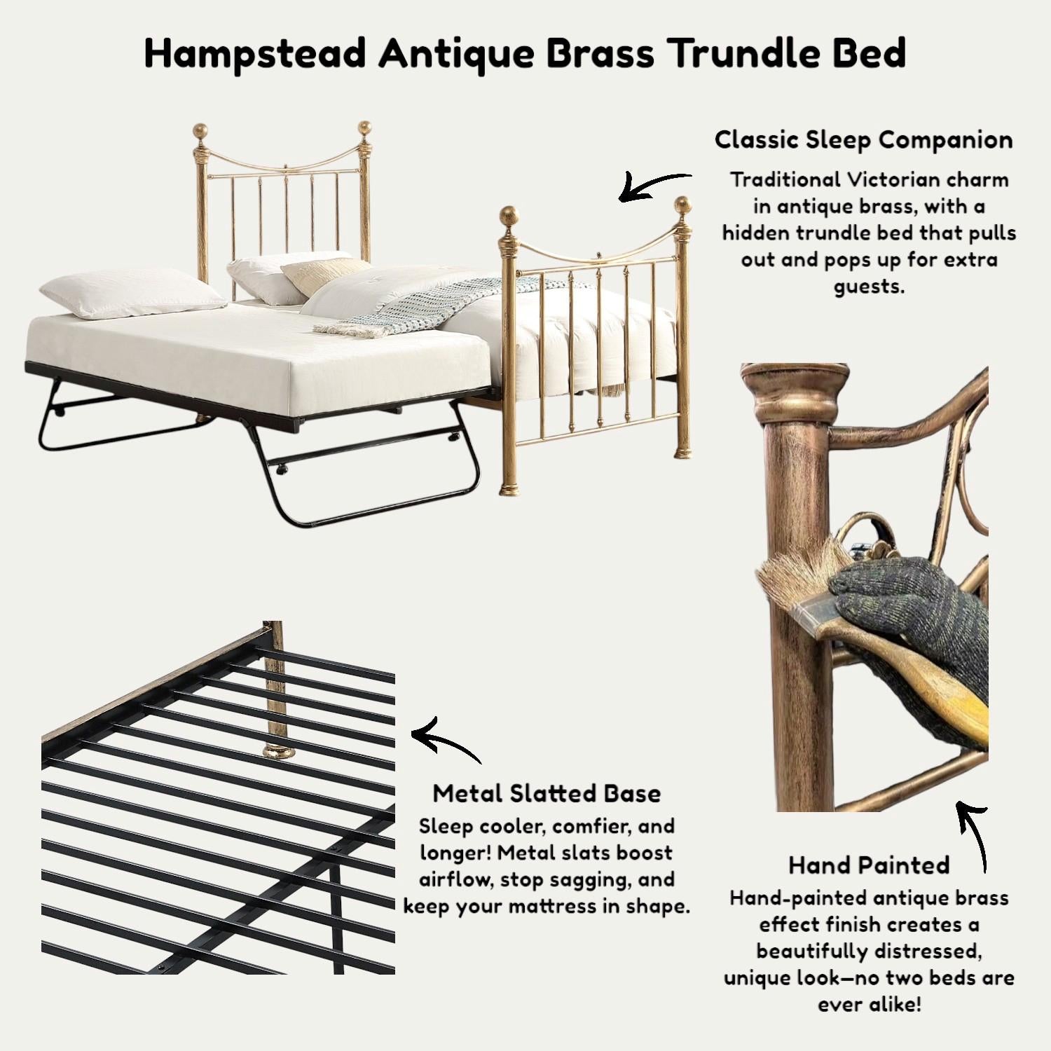 Hampstead Traditional Antique Brass Effect Single Metal Bed with Guest Trundle - 