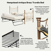 Hampstead Traditional Antique Brass Effect Single Metal Bed with Guest Trundle - 