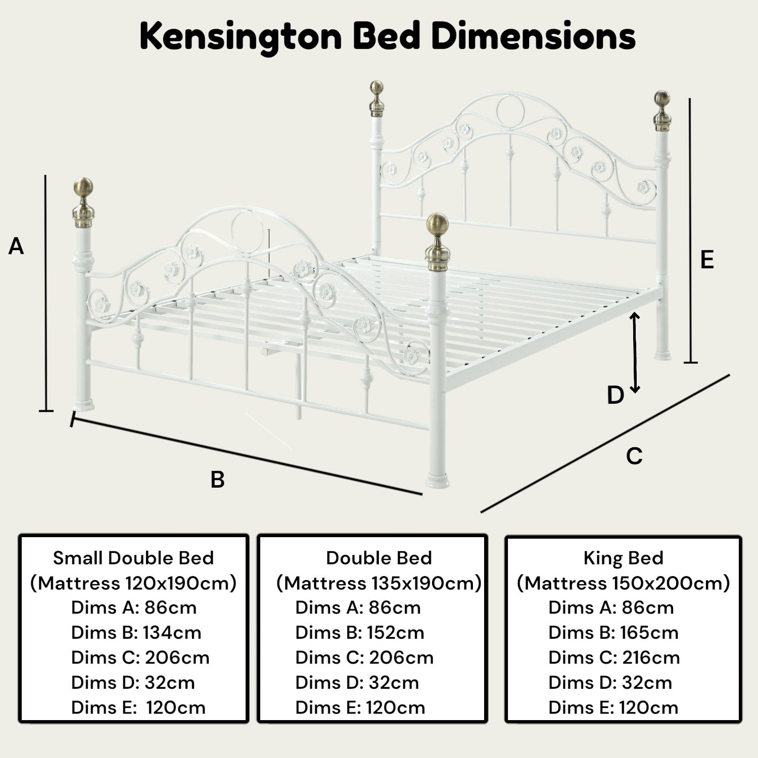 Kensington White & Brass French Style Metal Bed Frame