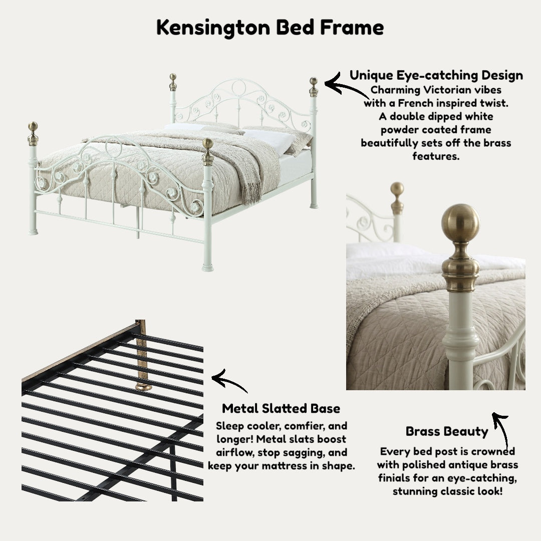 Kensington White & Brass French Style Metal Bed Frame