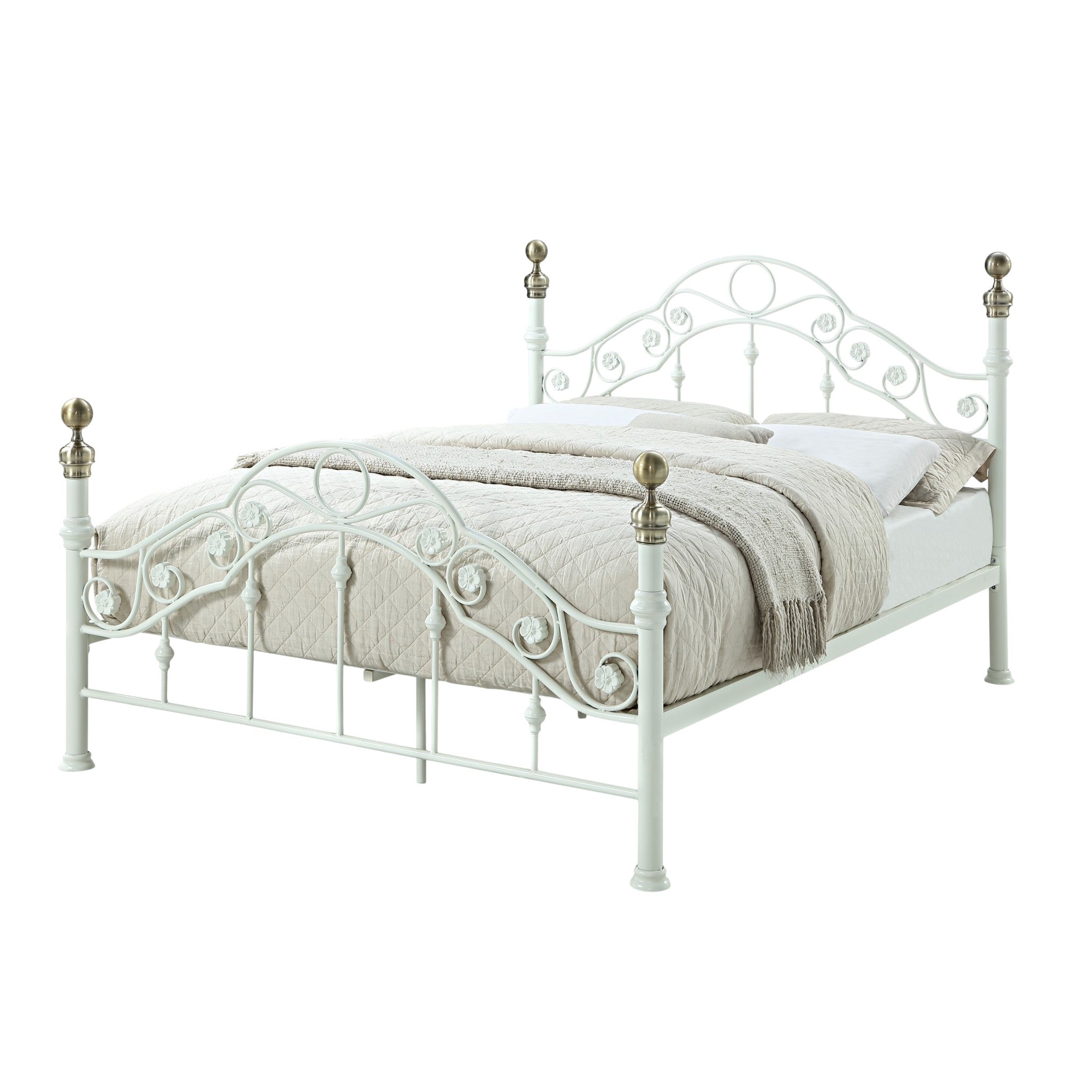 Kensington White & Brass French Style Metal Bed Frame