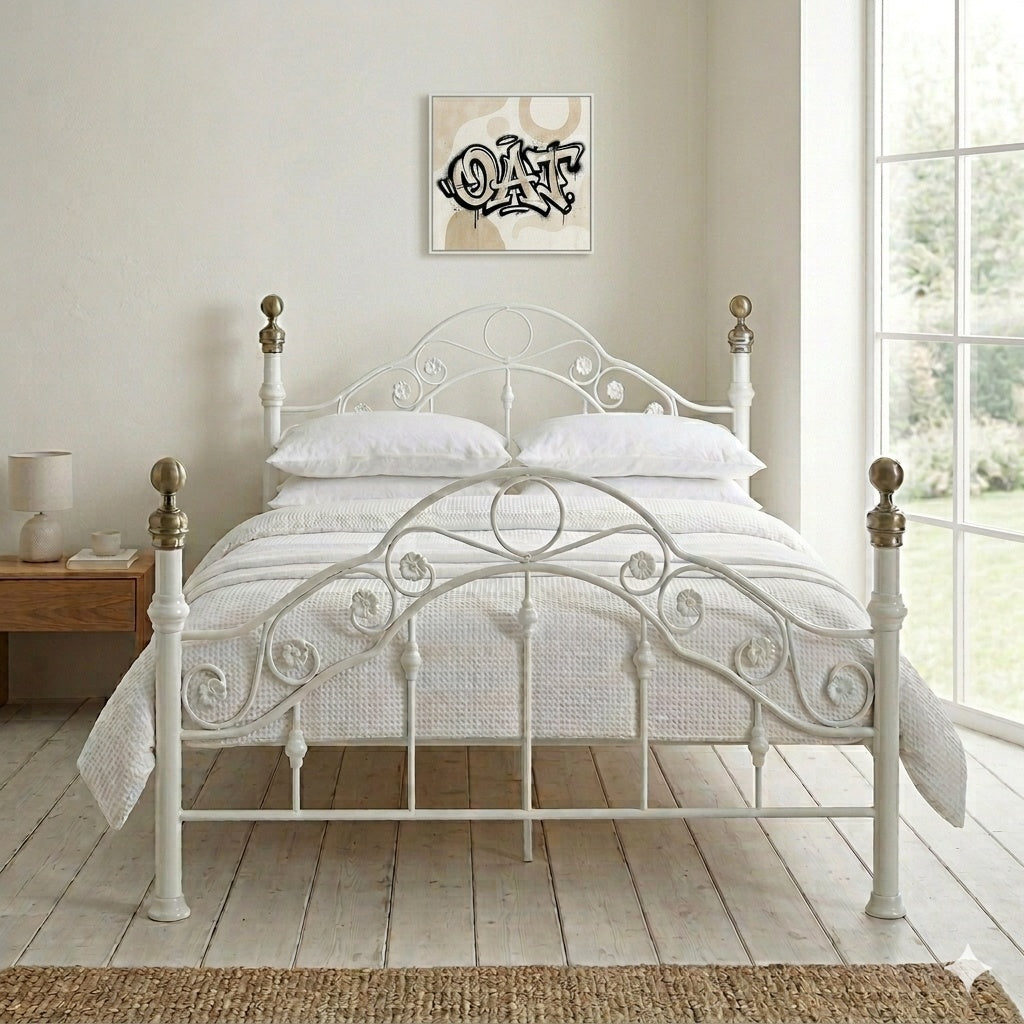 Kensington White & Brass French Style Metal Bed Frame