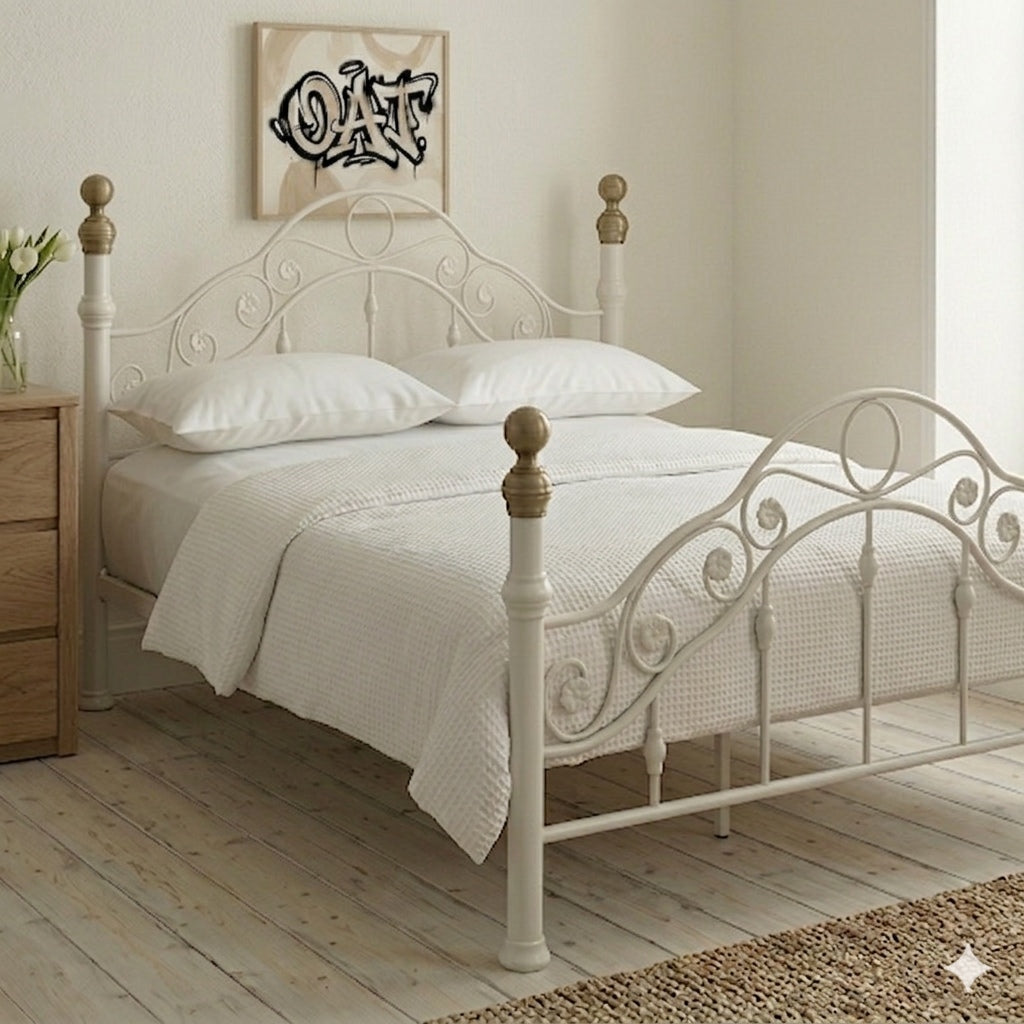 Kensington White & Brass French Style Metal Bed Frame