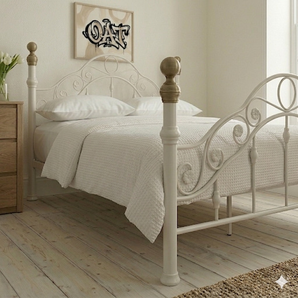 Kensington White & Brass French Style Metal Bed Frame