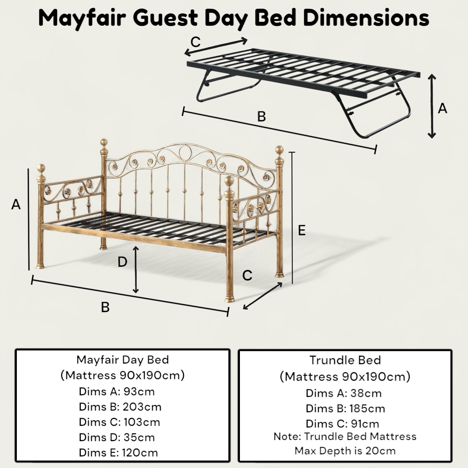Mayfair Antique Brass Effect Single Metal Day Bed With Guest Trundle 