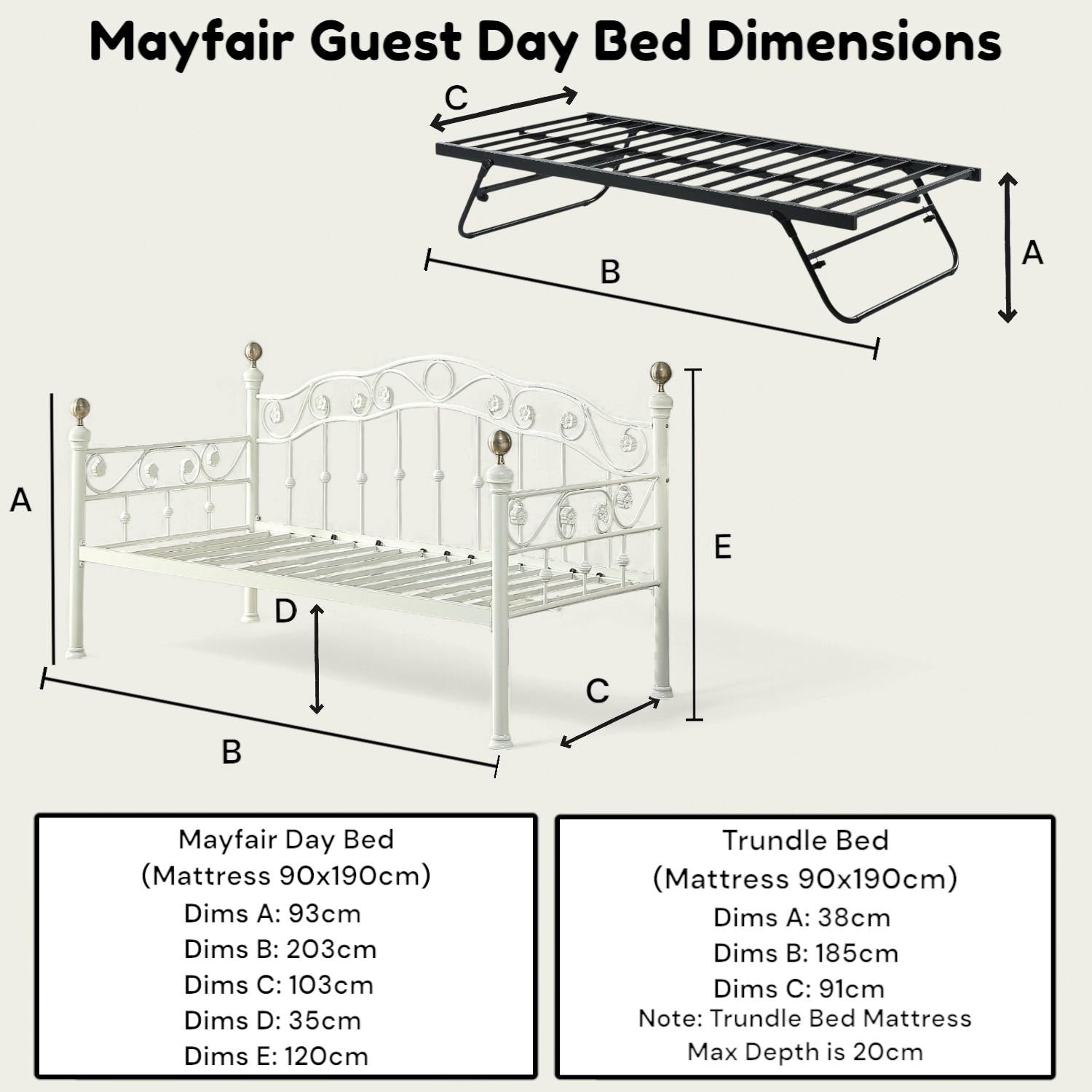 Mayfair White Single Metal Day Bed with Guest Trundle 