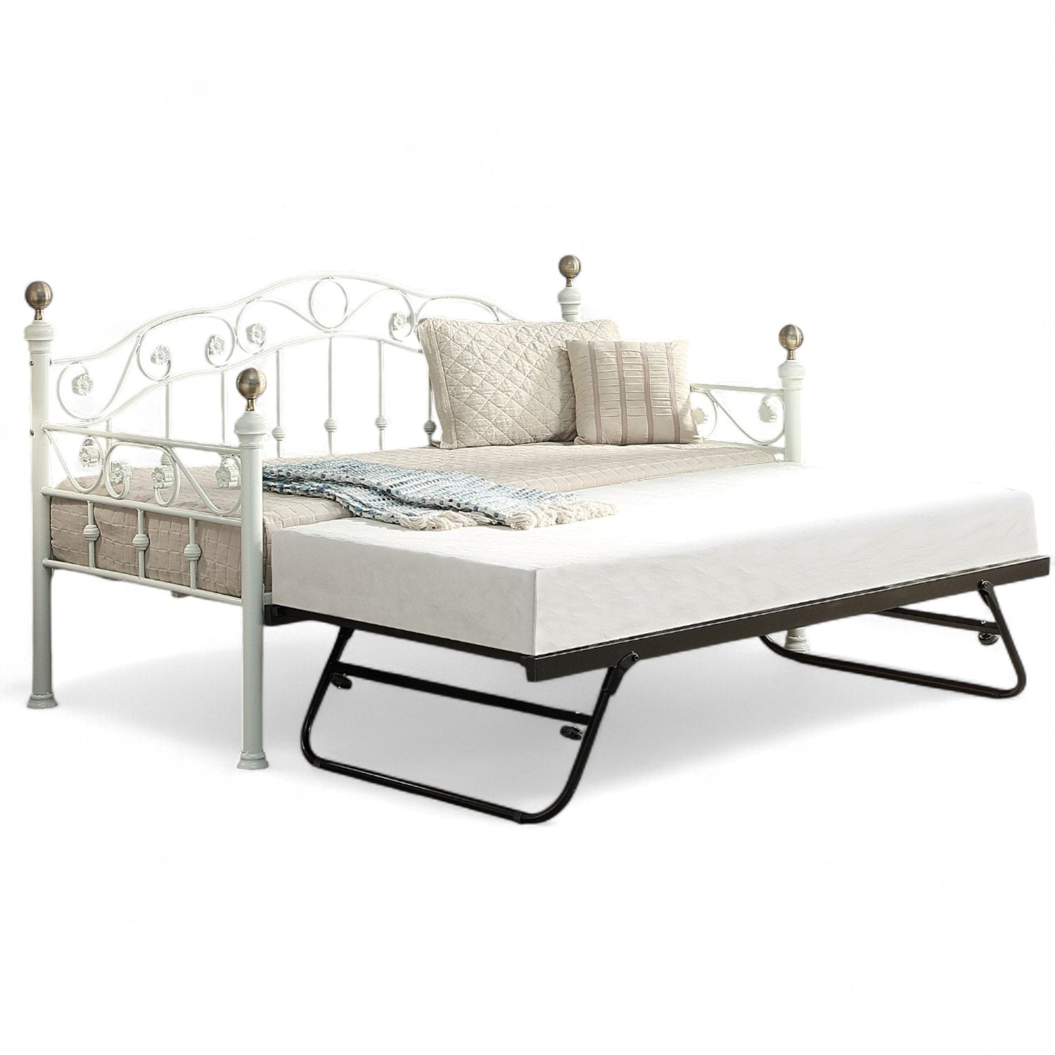 Mayfair White Single Metal Day Bed with Guest Trundle 