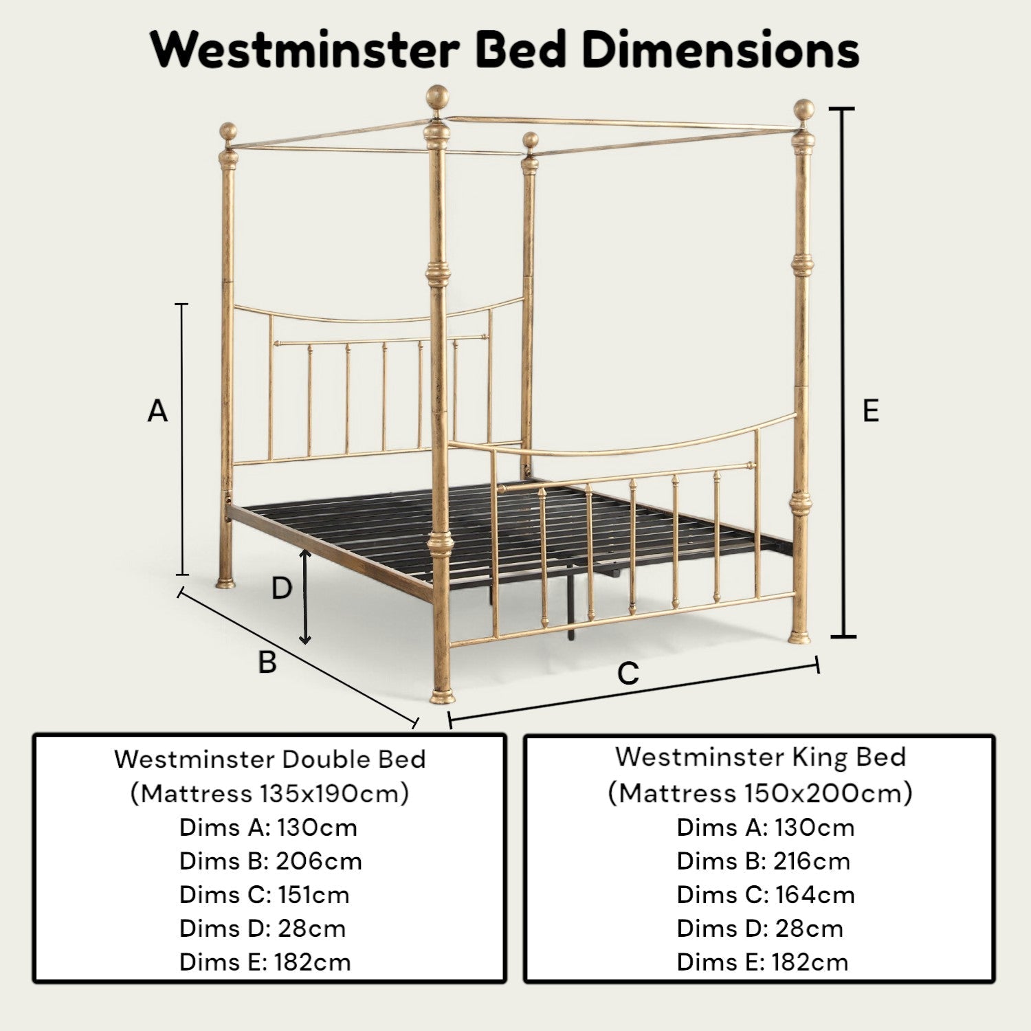 Westminster Antique Brass Effect Traditional 4 Poster Metal Bed Frame 