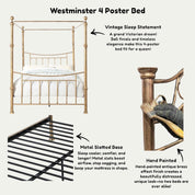 Westminster Antique Brass Effect Traditional 4 Poster Metal Bed Frame 