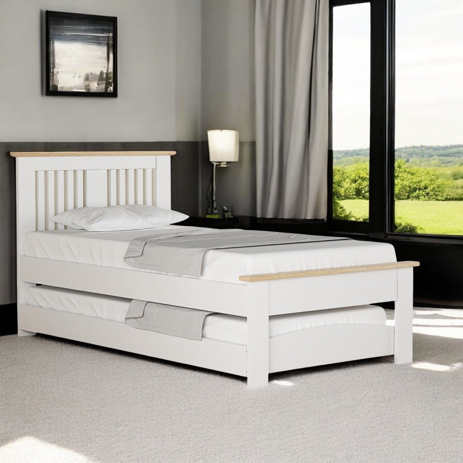 White & Oak Finish Aviemore Wooden Guest Bed with Trundle