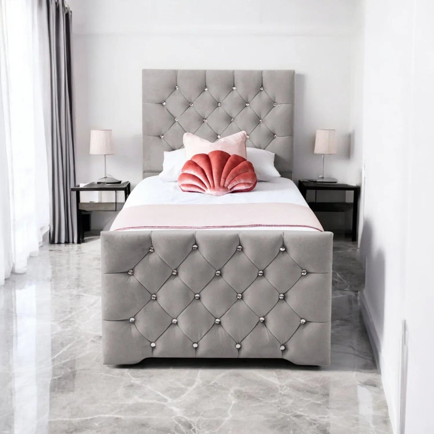 Freya Diamante Tufted Velvet Upholstered Single Bed Frame