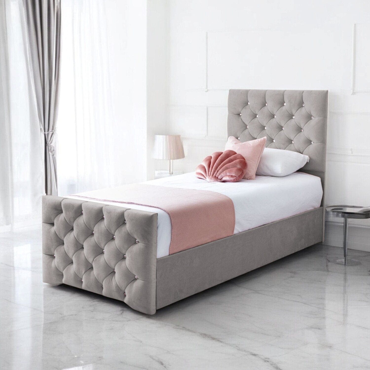 Freya Diamante Tufted Velvet Upholstered Single Bed Frame