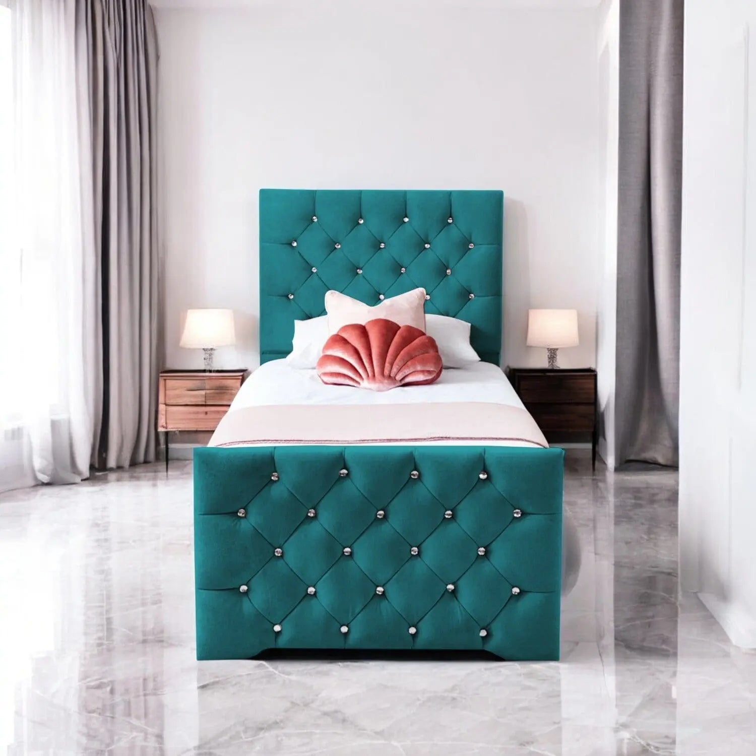 Freya Diamante Tufted Velvet Upholstered Single Bed Frame