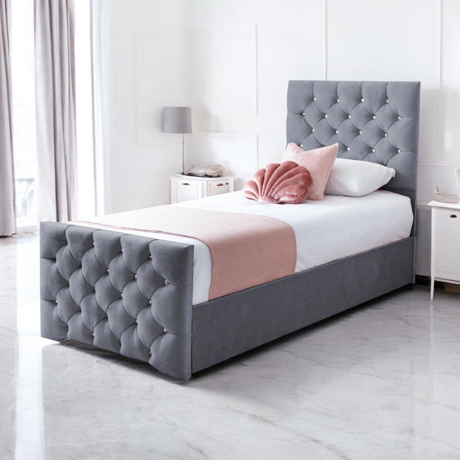 Freya Diamante Tufted Velvet Upholstered Single Bed Frame