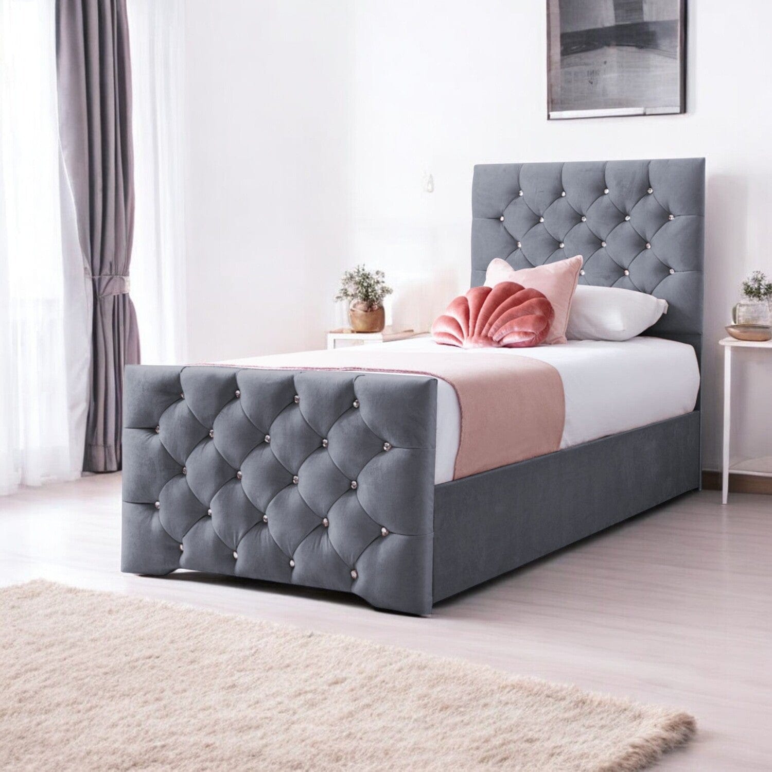  Slatted Base Freya Diamante Tufted Velvet Upholstered Single Bed Frame