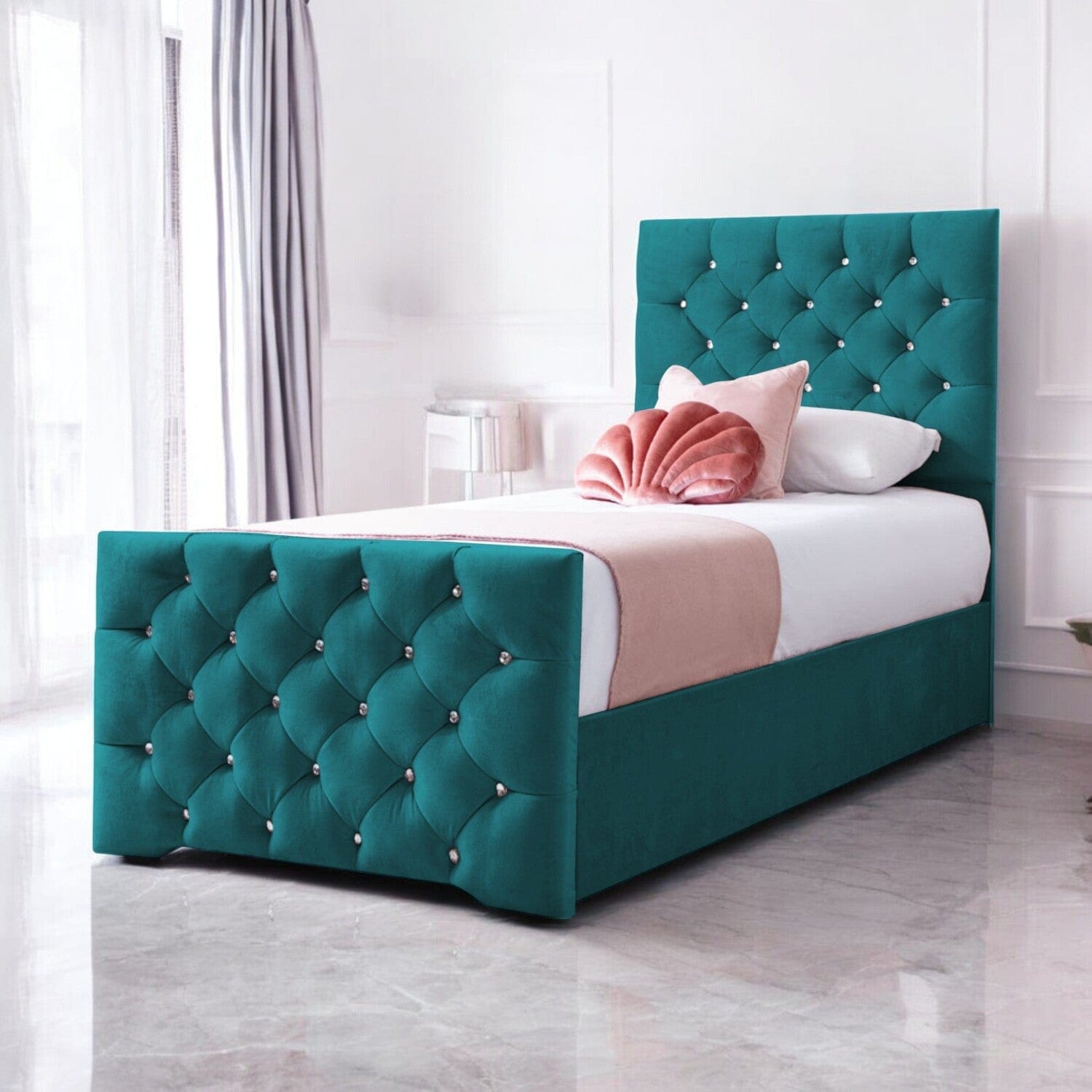  Slatted Base Freya Diamante Tufted Velvet Upholstered Single Bed Frame