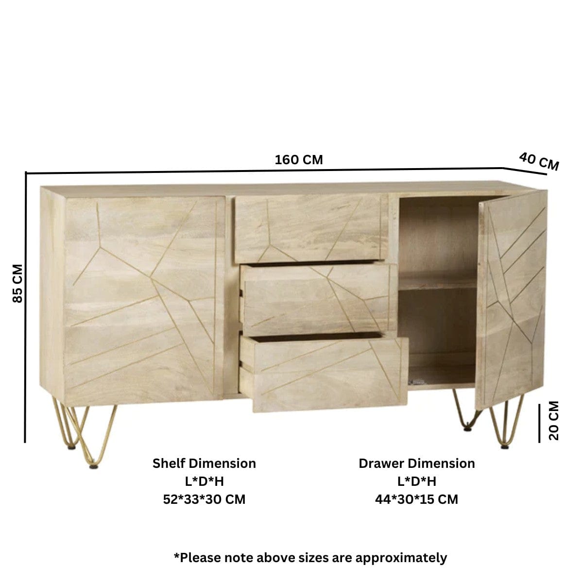 Galway Wooden Light Gold 2 Doors & 3 Drawers 160cm Sideboard