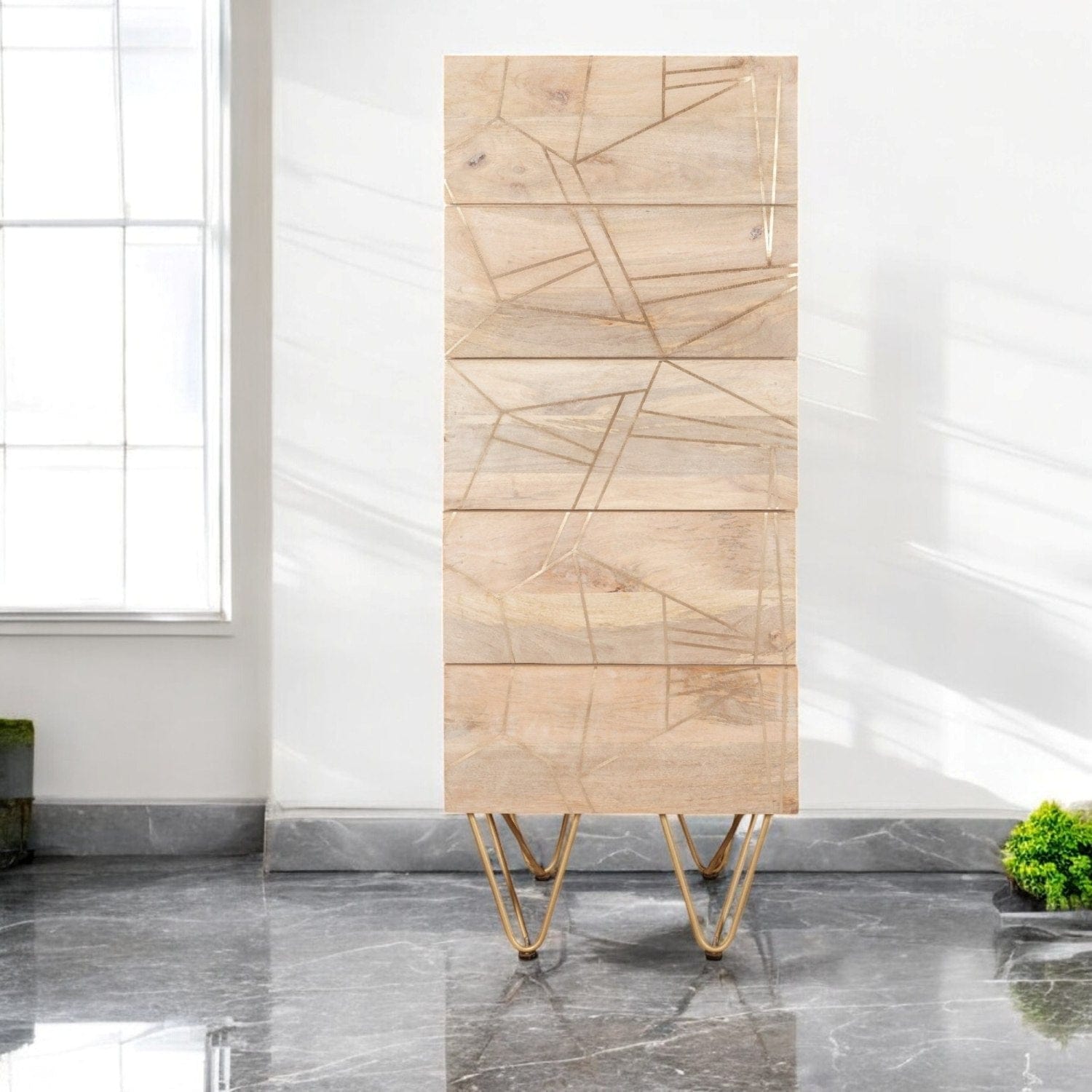 Galway Wooden Light Gold Tall Chest of 5 Drawers