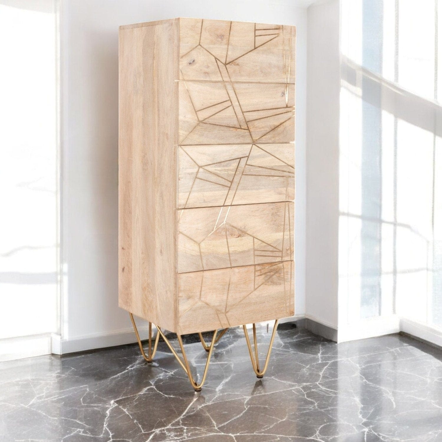 Galway Wooden Light Gold Tall Chest of 5 Drawers