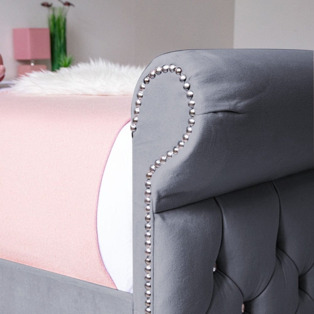 Grace Diamante Studded Velvet Upholstered Chesterfield Sleigh Single Bed Frame
