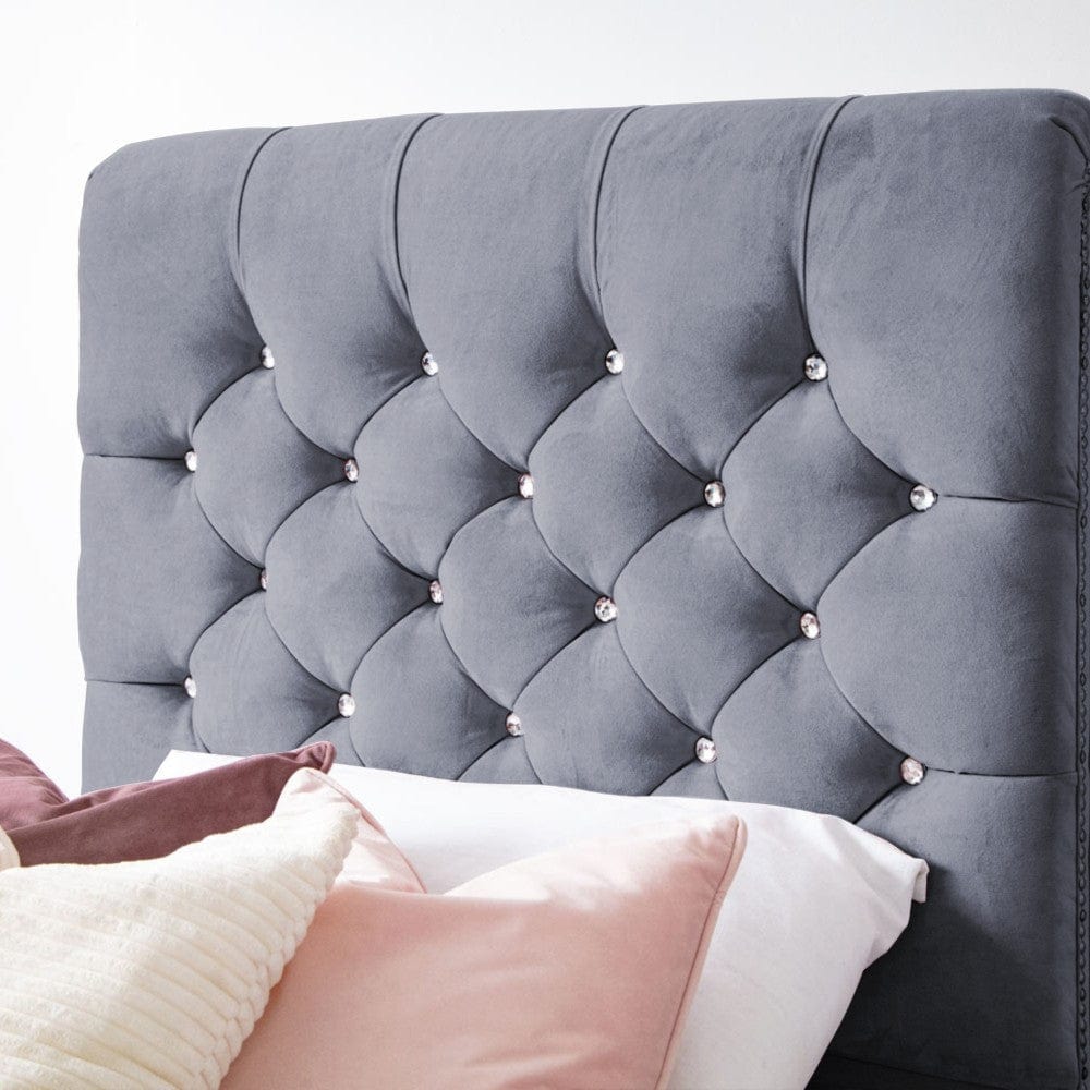 Grace Diamante Studded Velvet Upholstered Chesterfield Sleigh Single Bed Frame