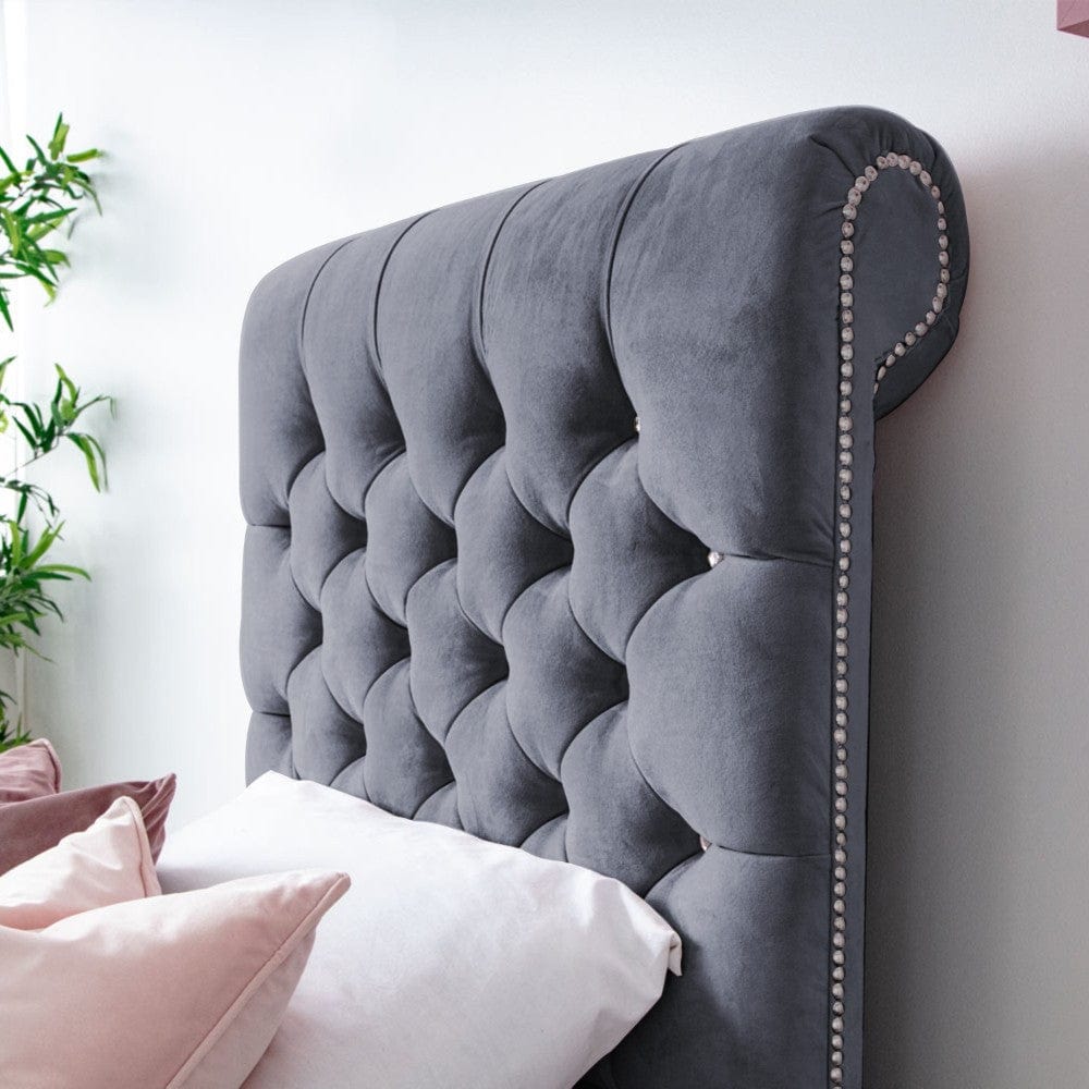 Grace Diamante Studded Velvet Upholstered Chesterfield Sleigh Single Bed Frame