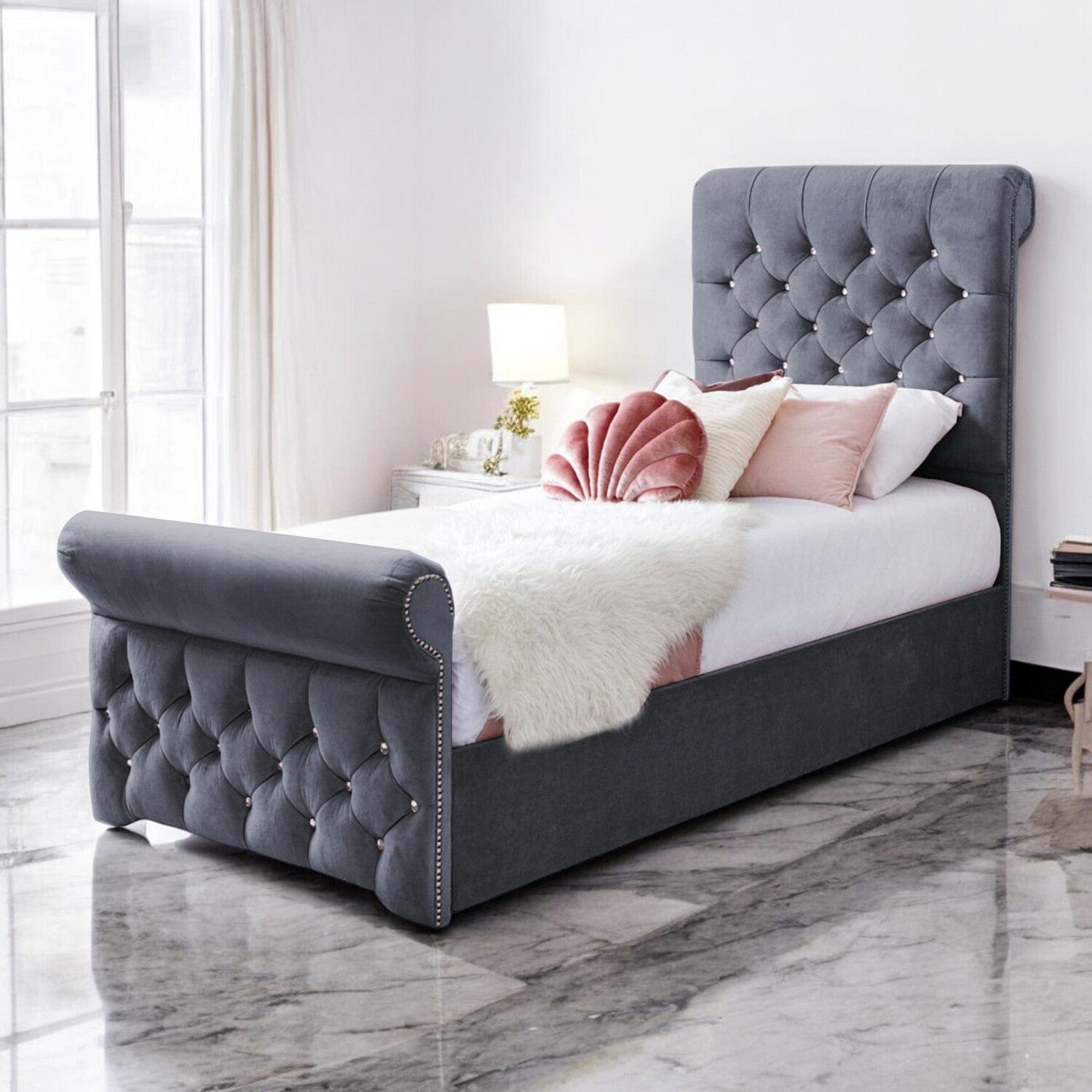 Grace Diamante Studded Velvet Upholstered Chesterfield Sleigh Single Bed Frame