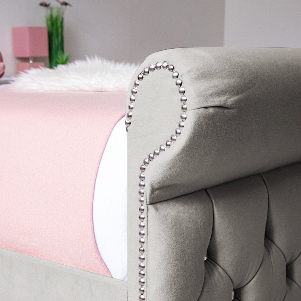 Grace Diamante Studded Velvet Upholstered Chesterfield Sleigh Single Bed Frame