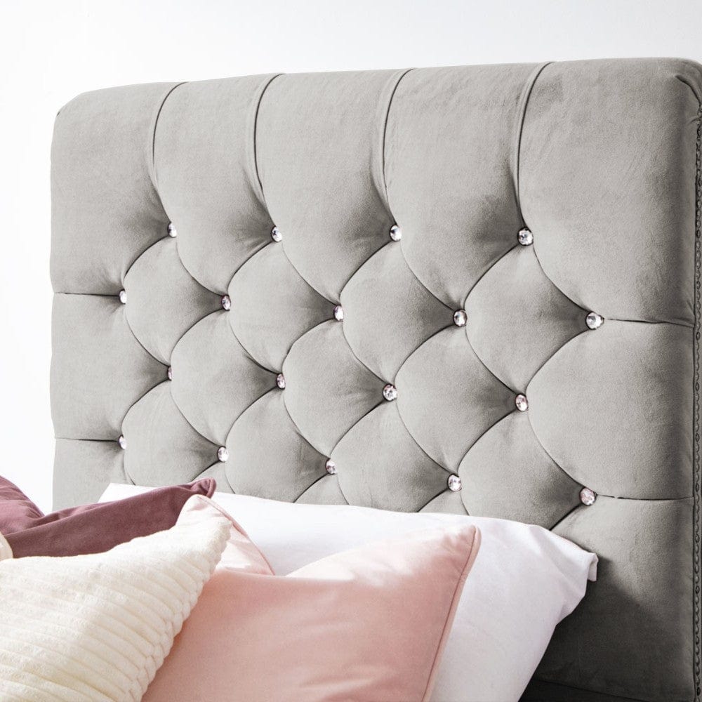 Grace Diamante Studded Velvet Upholstered Chesterfield Sleigh Single Bed Frame