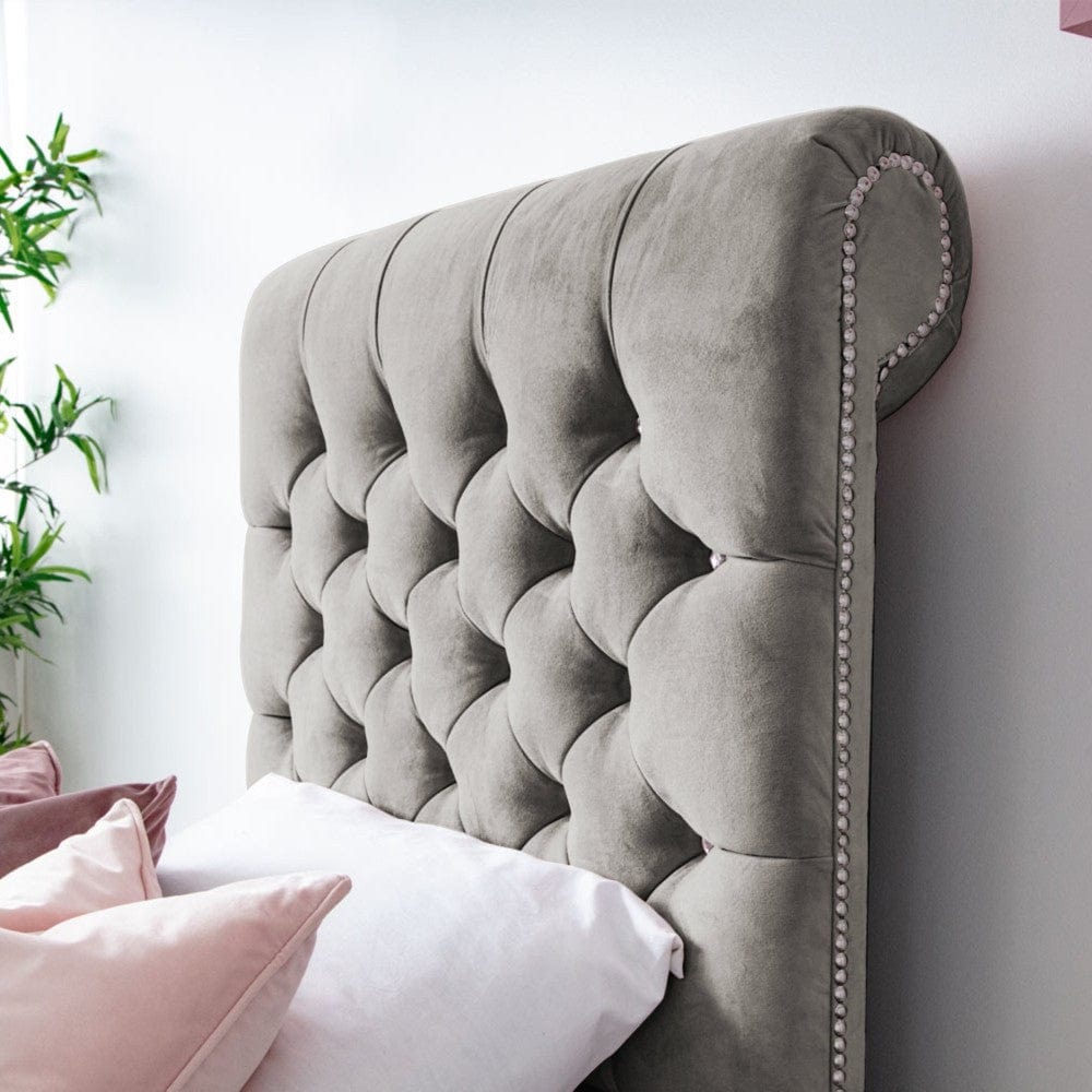 Grace Diamante Studded Velvet Upholstered Chesterfield Sleigh Single Bed Frame