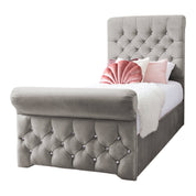 Grace Diamante Studded Velvet Upholstered Chesterfield Sleigh Single Bed Frame