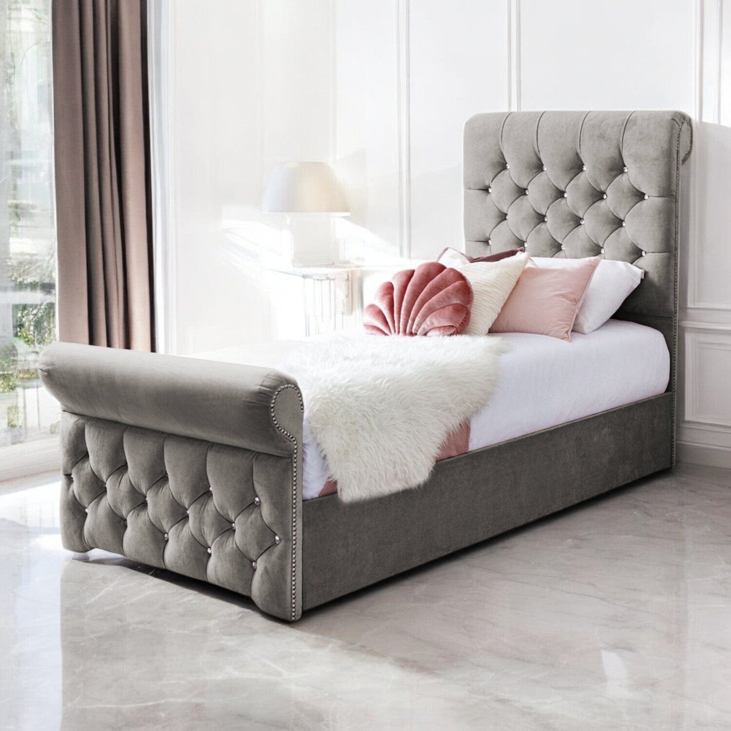 Grace Diamante Studded Velvet Upholstered Chesterfield Sleigh Single Bed Frame