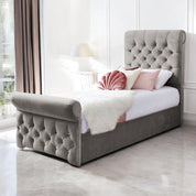 Grace Diamante Studded Velvet Upholstered Chesterfield Sleigh Single Bed Frame