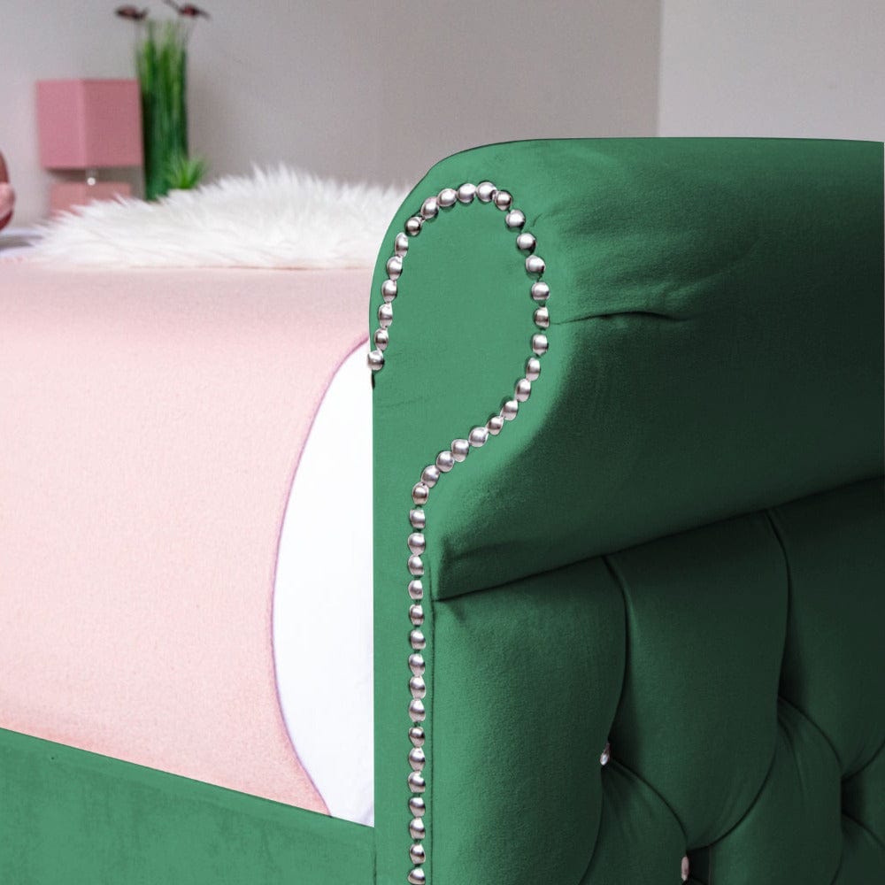 Grace Diamante Studded Velvet Upholstered Chesterfield Sleigh Single Bed Frame