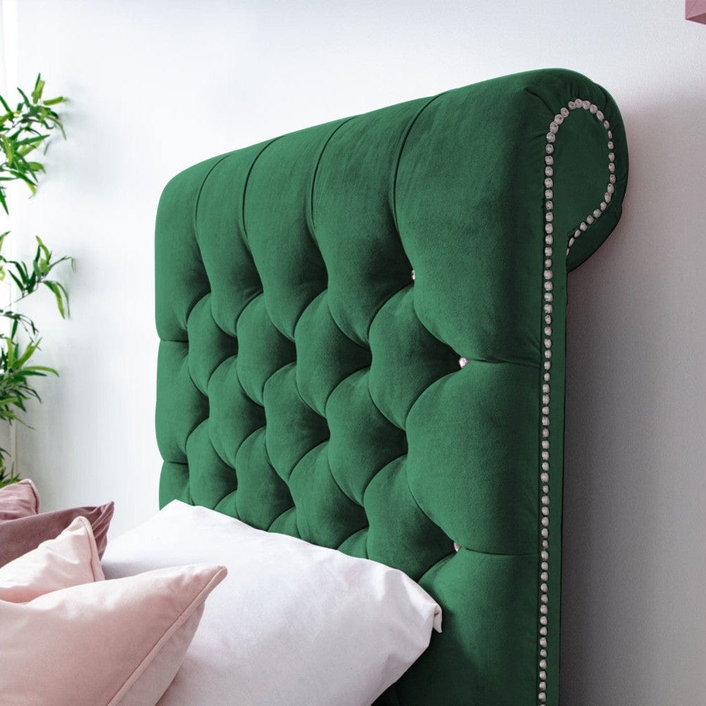 Grace Diamante Studded Velvet Upholstered Chesterfield Sleigh Single Bed Frame