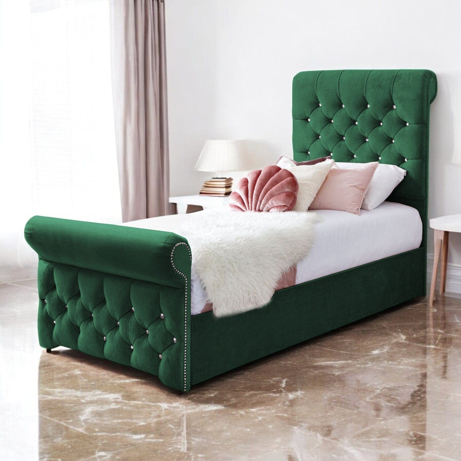 Grace Diamante Studded Velvet Upholstered Chesterfield Sleigh Single Bed Frame