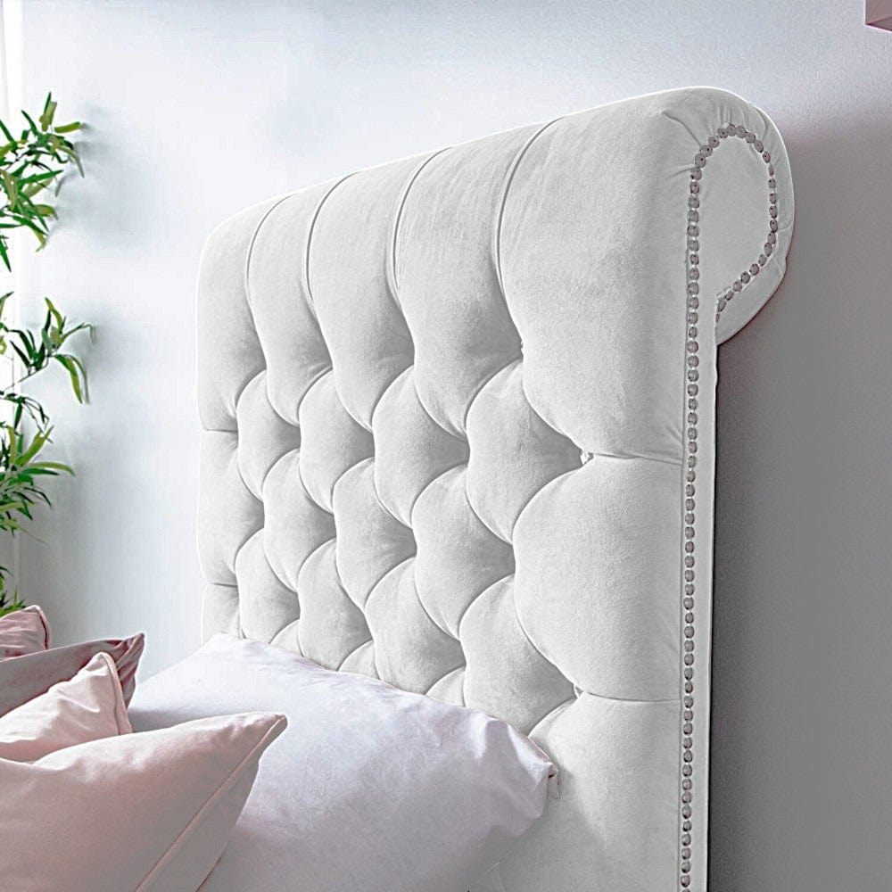 Grace Diamante Studded Velvet Upholstered Chesterfield Sleigh Single Bed Frame