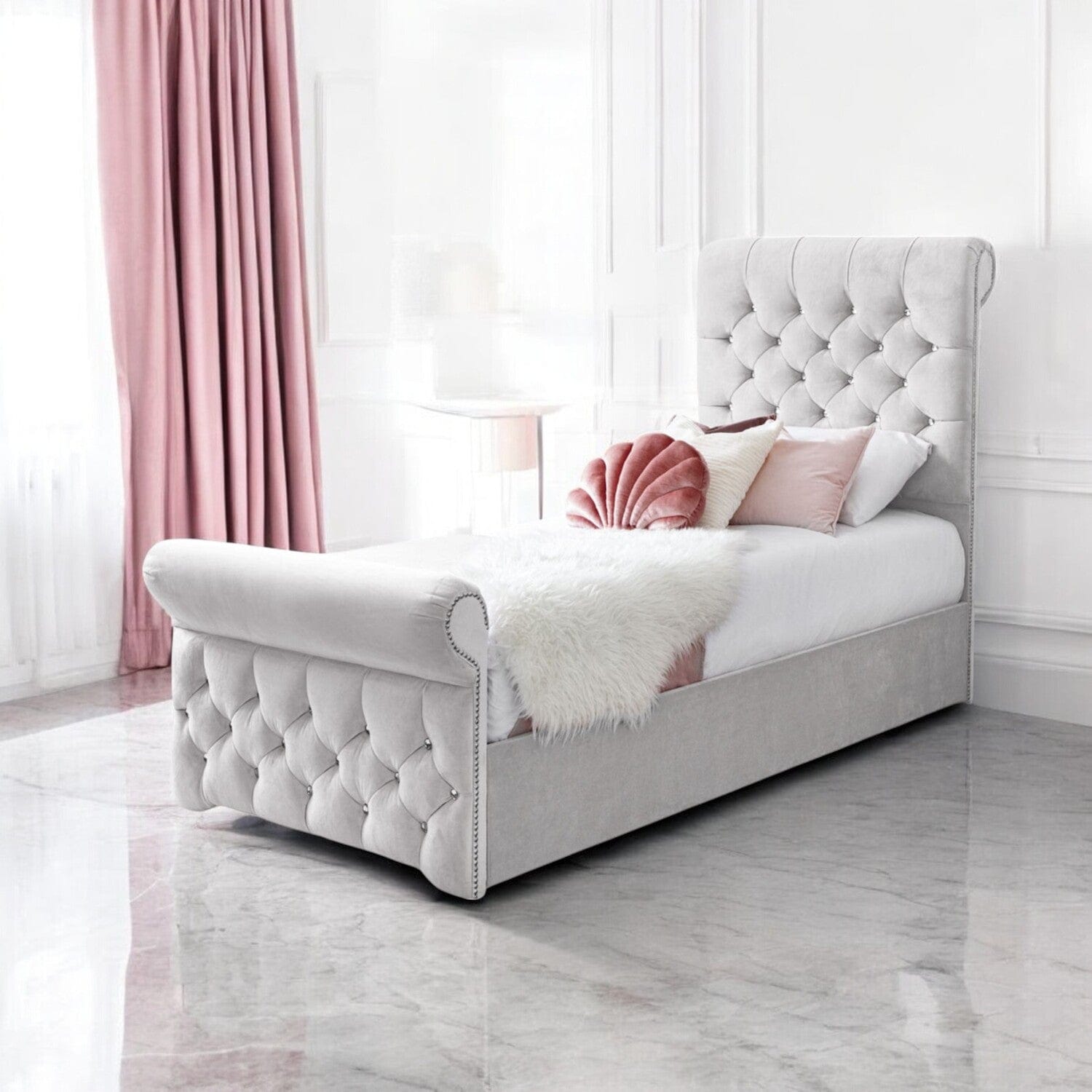 Grace Diamante Studded Velvet Upholstered Chesterfield Sleigh Single Bed Frame