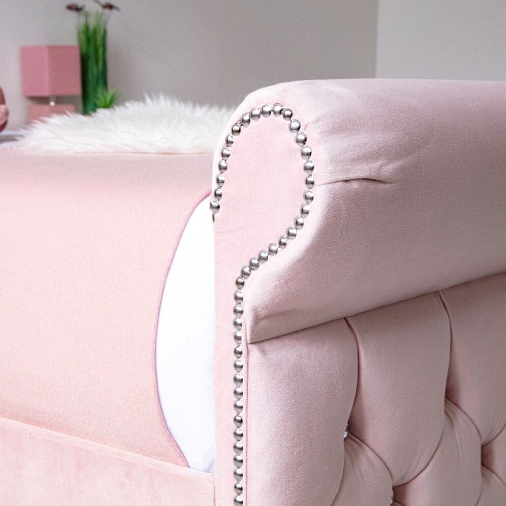 Grace Diamante Studded Velvet Upholstered Chesterfield Sleigh Single Bed Frame