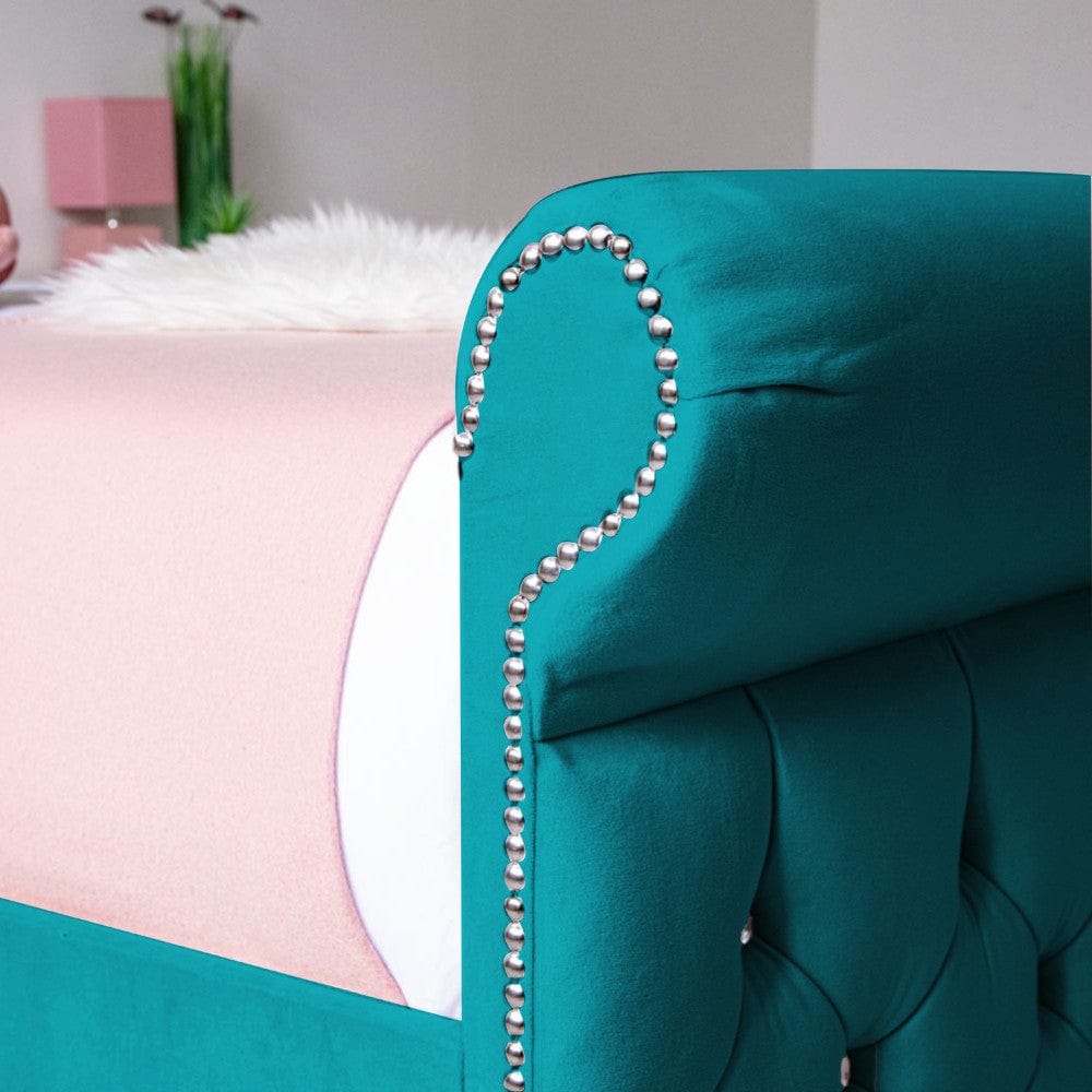 Grace Diamante Studded Velvet Upholstered Chesterfield Sleigh Single Bed Frame