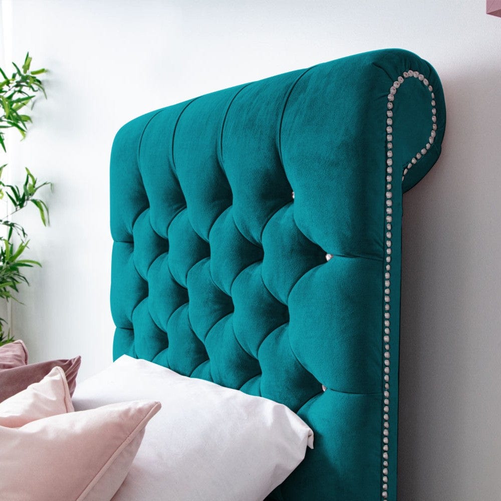 Grace Diamante Studded Velvet Upholstered Chesterfield Sleigh Single Bed Frame