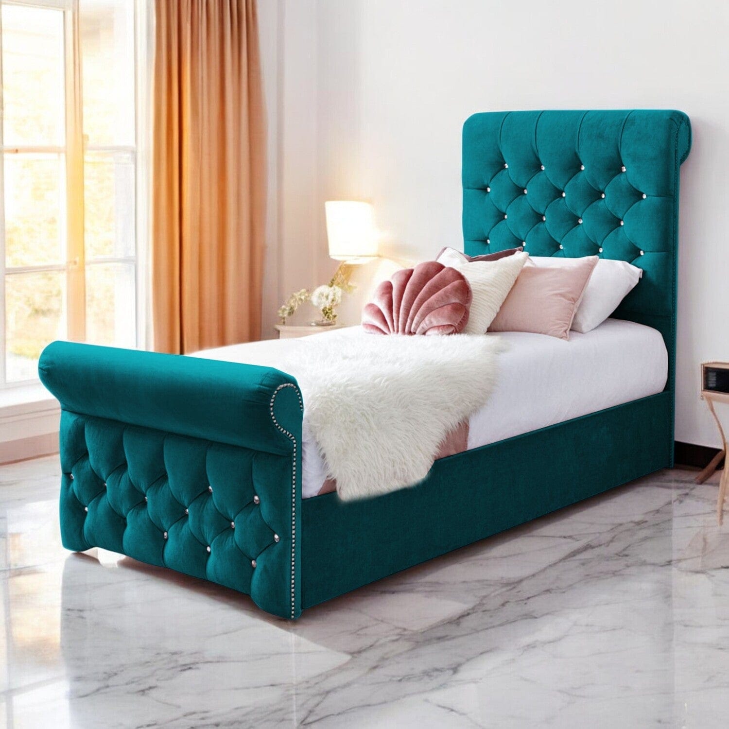 Grace Diamante Studded Velvet Upholstered Chesterfield Sleigh Single Bed Frame
