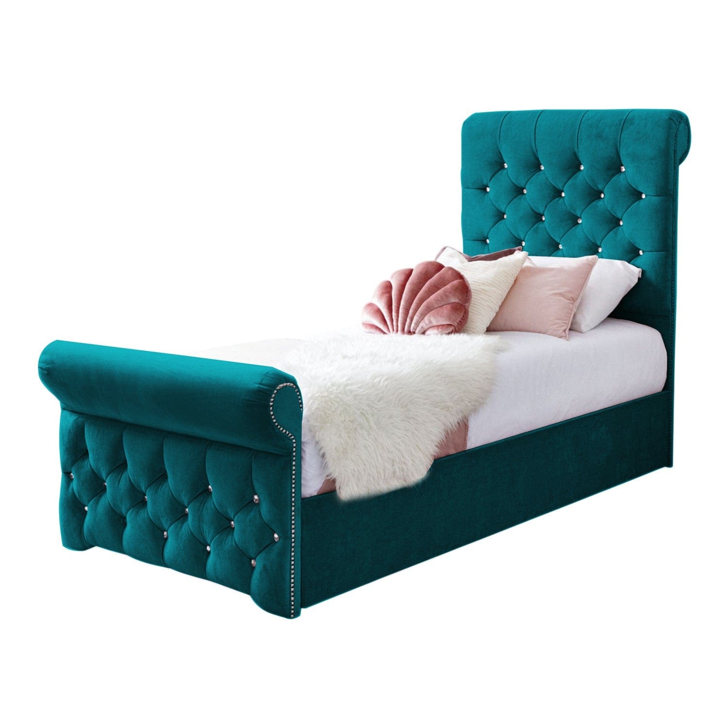 Grace Diamante Studded Velvet Upholstered Chesterfield Sleigh Single Bed Frame