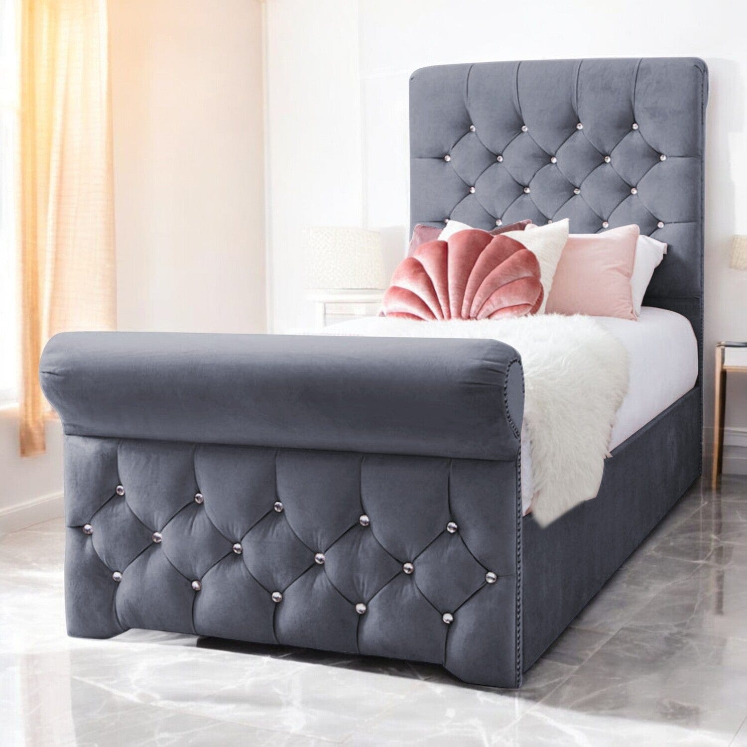  Slatted Base Grace Diamante Studded Velvet Upholstered Chesterfield Sleigh Single Bed Frame